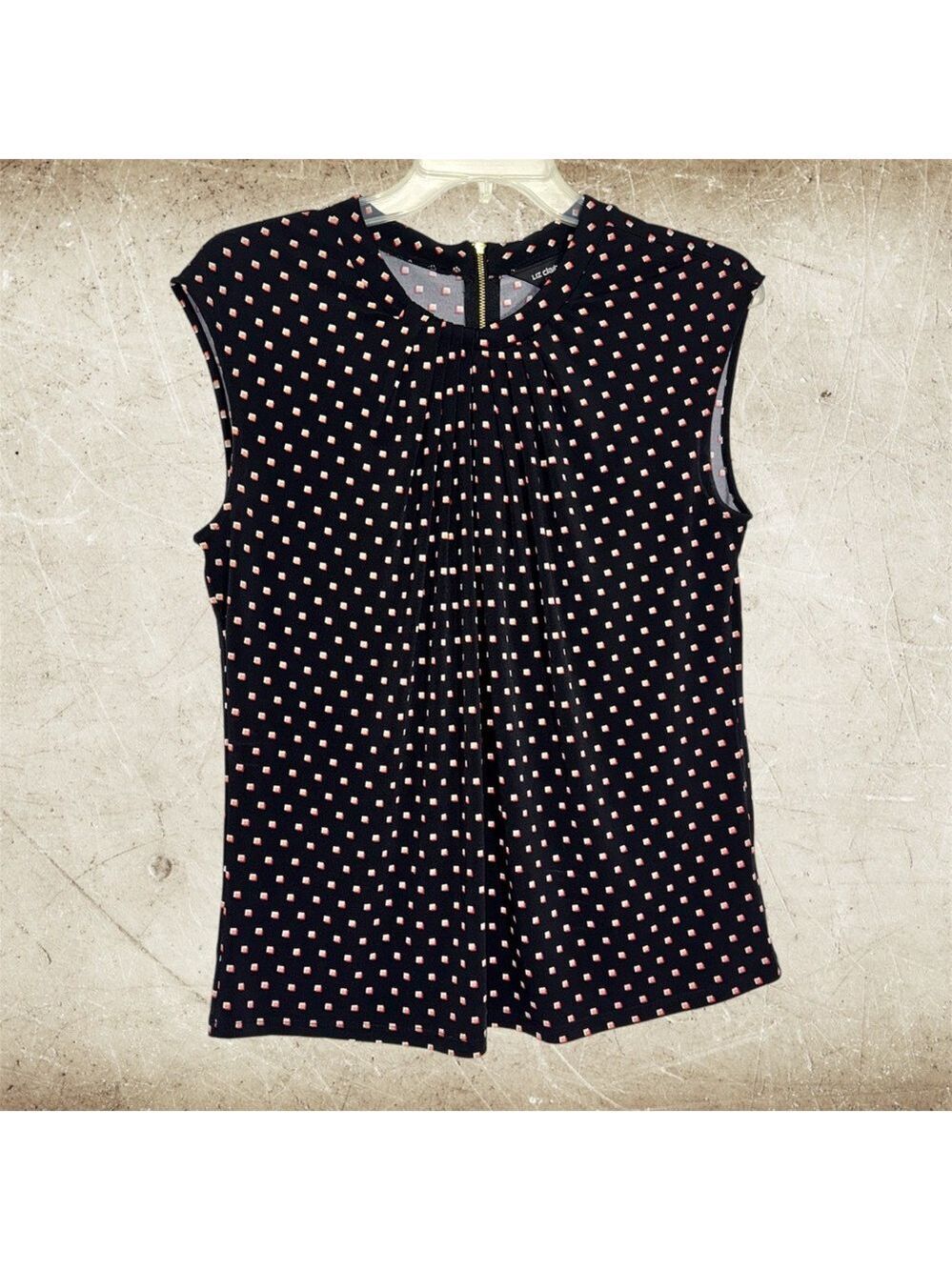 Liz Claiborne Black Sleeveless Dot Pleated Front Lightweight Career Casual Top